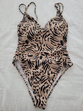 Target Womens One Piece Swimsuit Small Size Beige Animal Print Strappy V Neck